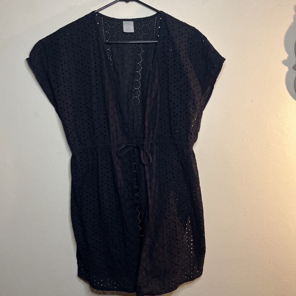 KONA SOL swim suit cover up Size S/M Blk tie string eyelet embroidery
